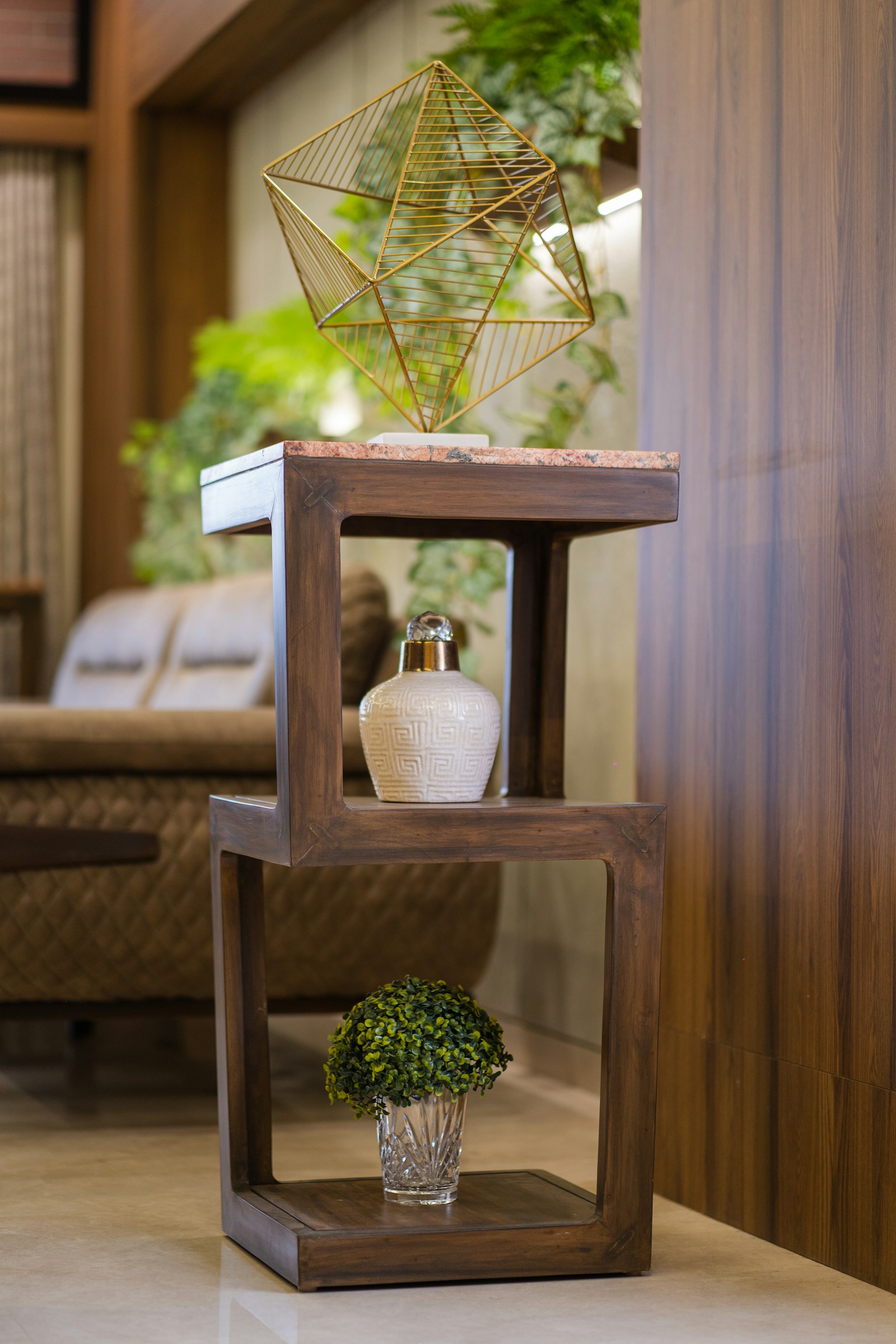 Walnut geometric tiered end table