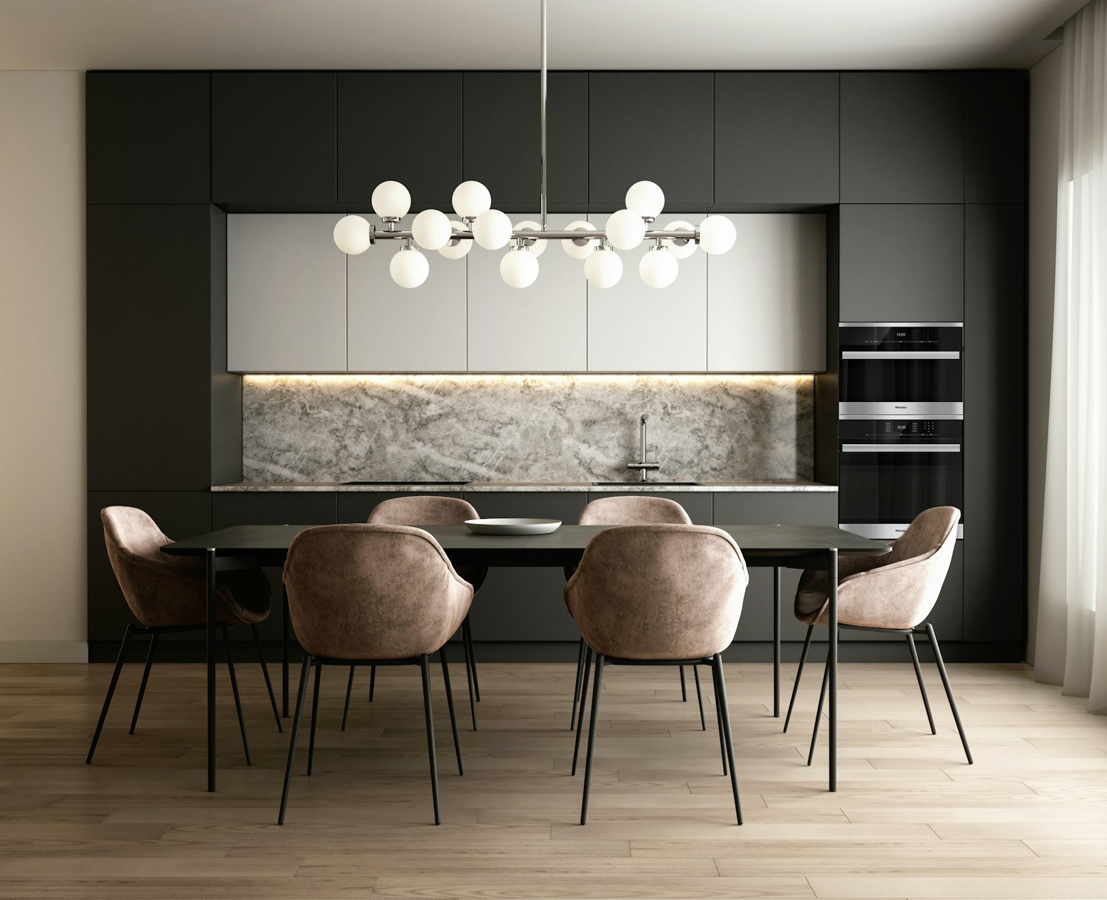 Dark modern built-in wall unit in dining room
